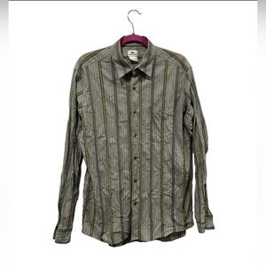 Lacoste Men's Vertical Stripe Size 42 Large Button Up Shirt Vintage Grey‎ Logo